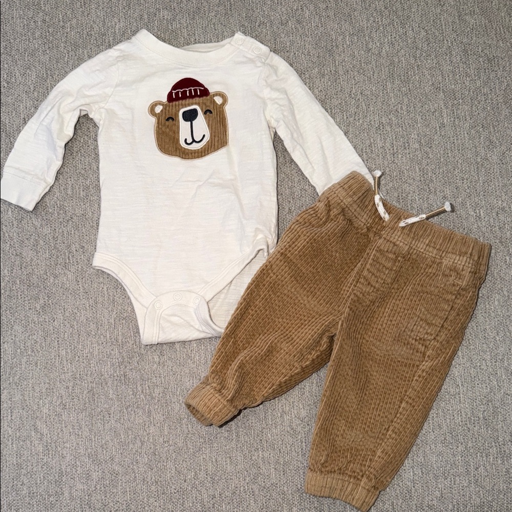 Bear Appliqué Bodysuit with Brown Corduroy Pants